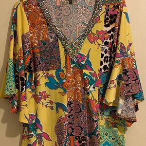 Melissa Paige Multicolor V-Neck Blouse Size XL Mixed Pattern